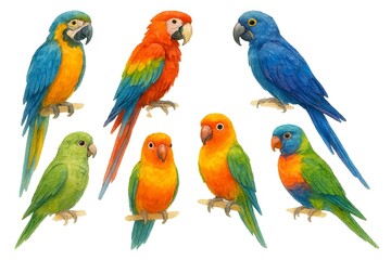 set of vibrant watercolor parrots in various colors isolated on white background. concept of tropical birds, exotic wildlife, colorful parrot illustration for design.