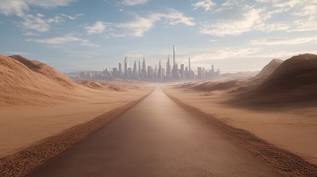 Futuristic skyline with desert road leading to modern city