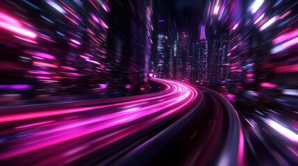 Vibrant neon city highway at night with blurred lights