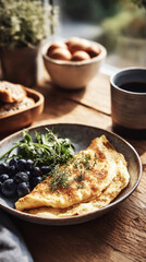 A delightful seasonal breakfast features a fluffy omelet alongside fresh spinach and blueberries. The rustic wooden table enhances the wholesome feel of the meal