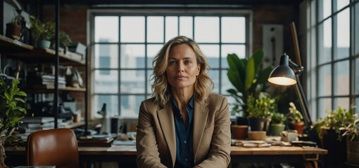 Modern businesswoman in a sustainable workspace exudes innovation.
