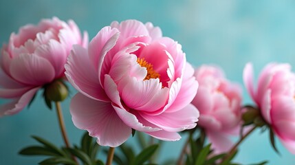 Obraz premium Elegant and vibrant pink peonies bloom against a serene, blue backdrop.