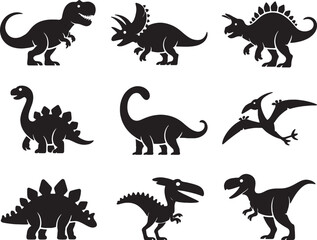 Eight silhouettes of prehistoric dinosaurs