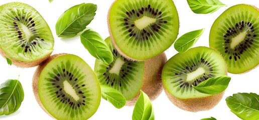Fototapeta premium Fresh kiwi fruit slices and leaves falling on a white background. Perfect for healthy food, fruit, and diet concepts.