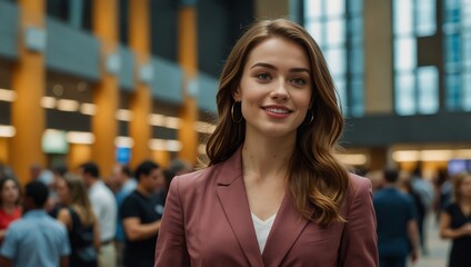 Fiercely driven young woman exudes confidence at a bustling product launch.
