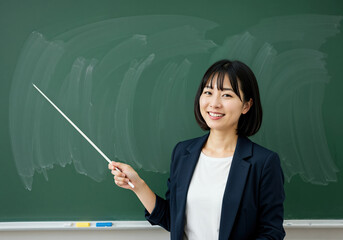 Smiling Educator Holding Pointer Near Blackboard in Classroom Setting

