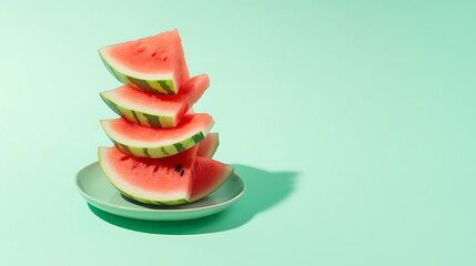 Stacked watermelon slices on a plate create a refreshing and colorful arrangement against a light teal background. The fruit exudes summer vibes and healthy snacking.