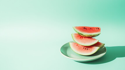 Watermelon slices stack on plate, pastel backdrop. Fresh summer fruit still life with vibrant color contrast. Minimalism and healthy eating.