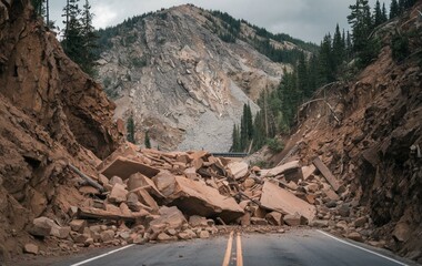 A road blocked by a landslide, Large rocks and debris on the road