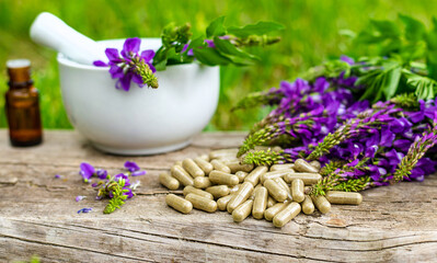 Horny goat wood extract alternative medicine. Selective Focus.