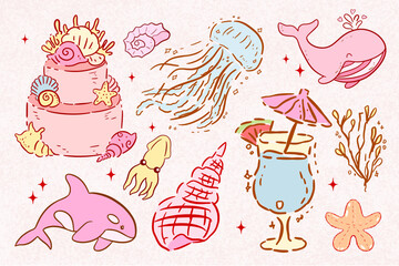 Tropical summer doodle set, Coquette beach, retro beach ans sea, summer clipart,exotic island party drink collection, beach cocktail glasses, exotic flower, ocean beach seashell. Tropical summer, pink