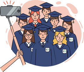 Obraz premium Group of Graduates Taking Selfie in Blue Caps and Gowns Celebration Scene 