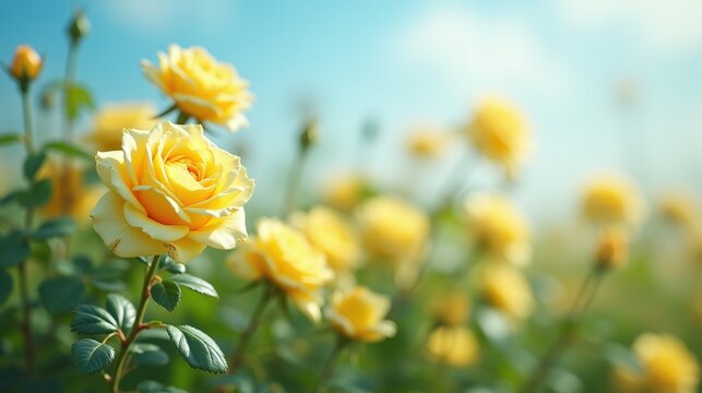 Yellow roses bloom under a serene, blue sky.
