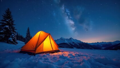 Glowing canvas tent, snowy field, starry night , nature, shadow