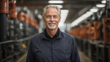 Surrounded by presses, the senior manager smiles with quiet wisdom.

