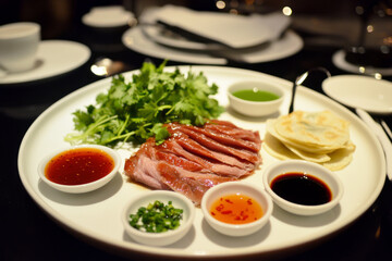 Delicious slices of Peking duck are presented with cucumbers and flavorful sauces. The dish contrasts beautifully against a serene beach sunset