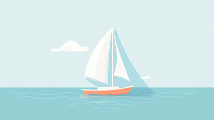 Fototapeta premium A small sailboat with white sails on the water, in a simple illustration style, with flat vector graphics, a cartoon character design, a light blue background, simple and minimalist lines, a top-down 
