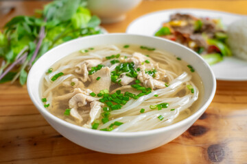 Asian Pho soup with rice noodles. Noodle soup, Spicy noodle soup with chicken. Noodle soup bowl.