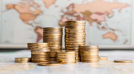 Global Finance: Stacks of gold coins arranged on a world map suggest worldwide economic concepts and investment opportunities.