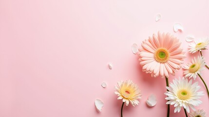 Fototapeta premium Bouquet of gerbera daisies with scattered petals on a pink background.