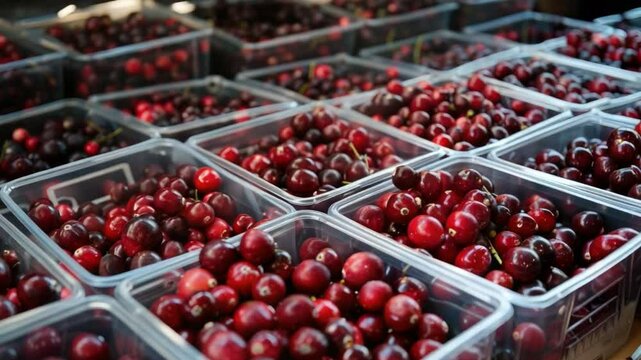 Freshly Harvested Red Cherries in Transparent Containers at Farmer's Market Displayed in Neat Rows, Ready for Sale  4k video footage