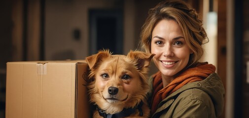 Warmth in her smile, she balances a box and her puppy’s gaze.


