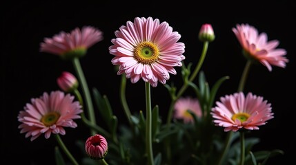 Obraz premium Radiant pink daisies stand against a deep, contrasting black backdrop.