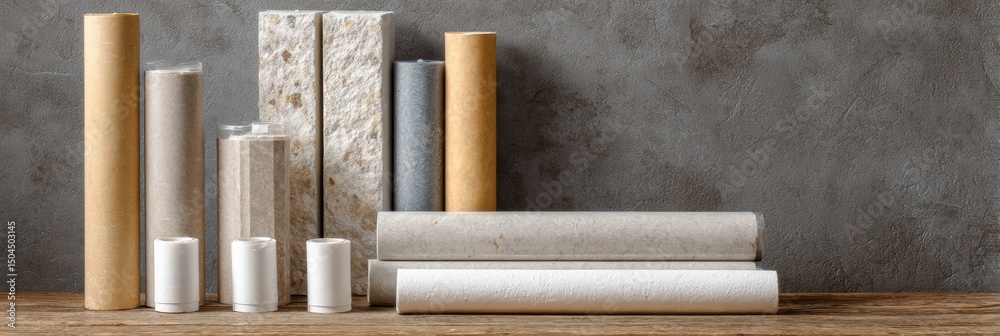 Aufkleber adhesive tubes for stone and tile arrangement on a simple wooden surface setting in a minimal design