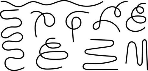 Line doodles set - hand drawn swirls, curved lines, grunge style marker, chaotic pointers. Chalk sketches, artistic design elements collection