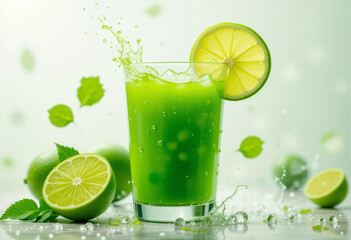 A glass of green juice with a lime slice on top