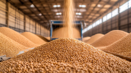 Harvested grains being unloaded from a truck, creating large piles in an indoor storage facility. Light shines through the ceiling's windows.