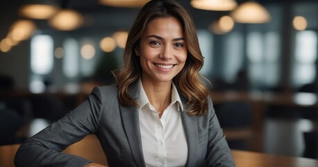 A smiling businesswoman radiates confidence and trust.








