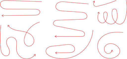 Arrow doodles set - hand drawn swirls, curved lines, grunge style marker, chaotic pointers. Chalk sketches, artistic design elements collection.