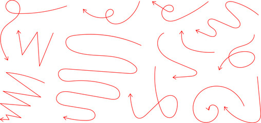 Arrow doodles set - hand drawn swirls, curved lines, grunge style marker, chaotic pointers. Chalk sketches, artistic design elements collection.