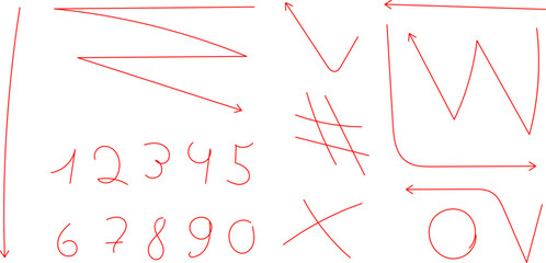 Arrow doodles set - hand drawn swirls, curved lines, grunge style marker, chaotic pointers. Chalk sketches, artistic design elements collection.