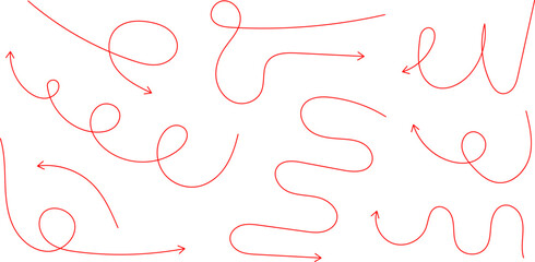 Arrow doodles set - hand drawn swirls, curved lines, grunge style marker, chaotic pointers. Chalk sketches, artistic design elements collection.