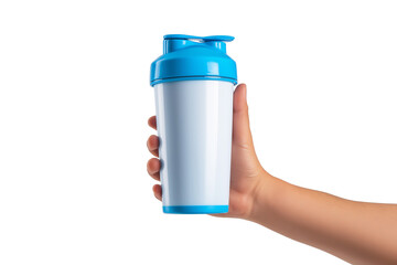 hand holding protein shake bottle isolated on white background