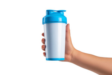 hand holding protein shake bottle isolated on white background