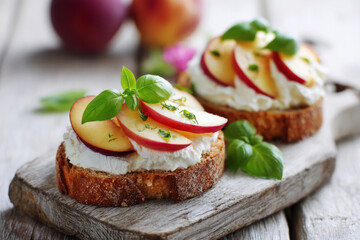 Toasted whole grain bread is topped with creamy cheese, fresh peach slices, and basil leaves, creating a delightful seasonal breakfast option served on a simple plate