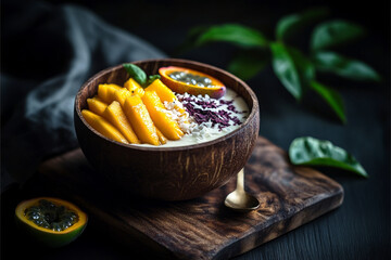 A vibrant bowl of seasonal breakfast showcases ripe mango slices paired with creamy coconut and nutty purple rice, adorned with fresh basil leaves for added flavor