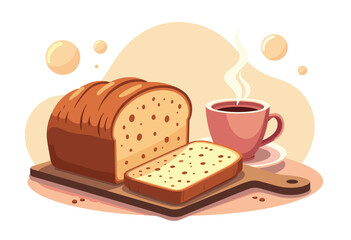 Freshly Baked Bread Loaf and Steaming Cup of Coffee on Wooden Cutting Board Illustration