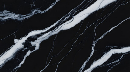 Full-frame 2D slab of Marquina black base with soft grey mist from Volakas veins.