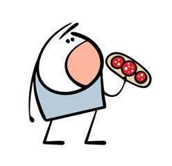 Boy is holding a sausage sandwich at breakfast. Vector illustration of a cartoon stickman with his mouth open and biting into food.