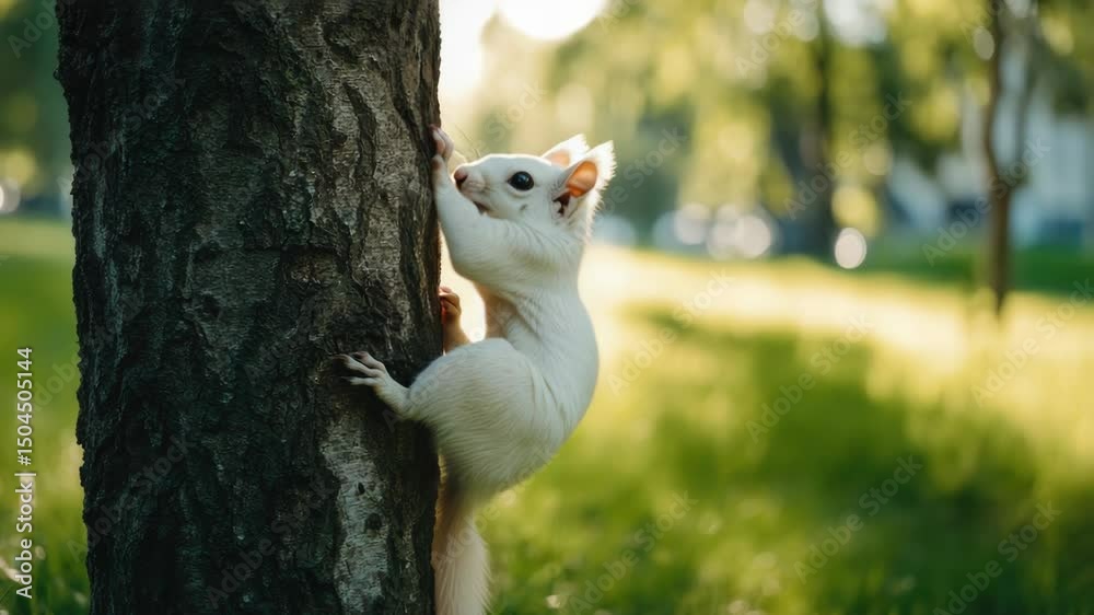Poster a white squirrel is seen climbing up the side of a tree, showcasing agility and determination