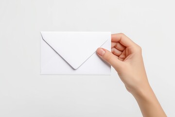 hand delicately holding white envelope isolated on white background