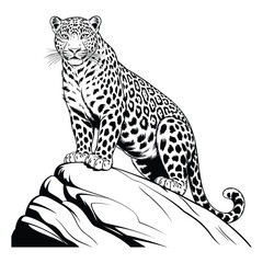 Fototapeta premium Amur Leopard on a rock Coloring Page, Silhouette, Vector, Illustration, Icon, Logo, White Background.