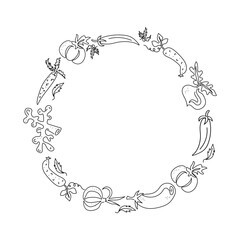 Frame, vegetable set, line drawing, doodle. Vegetarian natural food. Line art icons. Healthy food. Vector graphics. Blank background with space for text.