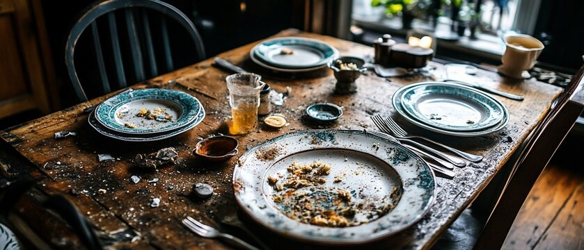 Messy table with plates, crumbs, utensils after meal, dark rustic scene - Powered by Adobe