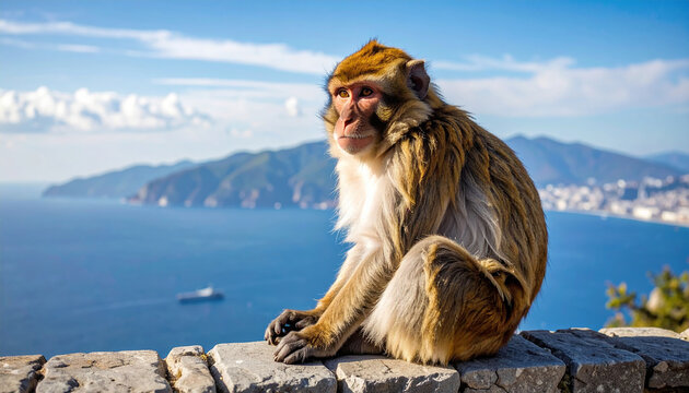 Portrait of monkey with gray brown fur. Animal sits on stone wall. Blurred backdrop.