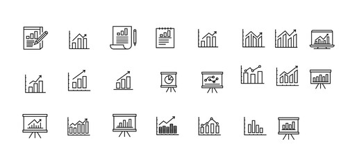 A set of vector icons related to graphs and charts. A set of graph and statistics icons. A collection of simple linear web icons, line charts, candlesticks, combined, bar charts, pie charts.